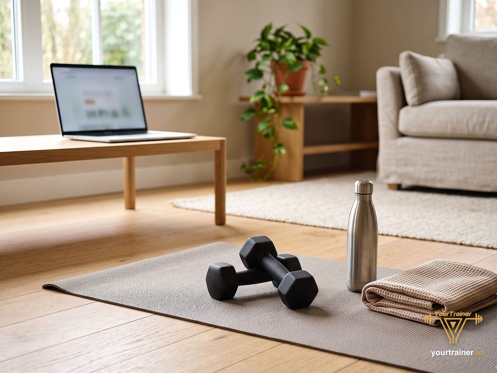 Light hex dumbbells, a steel water bottle and a folded towel on a yoga mat in a living room, with a laptop open on the table behind