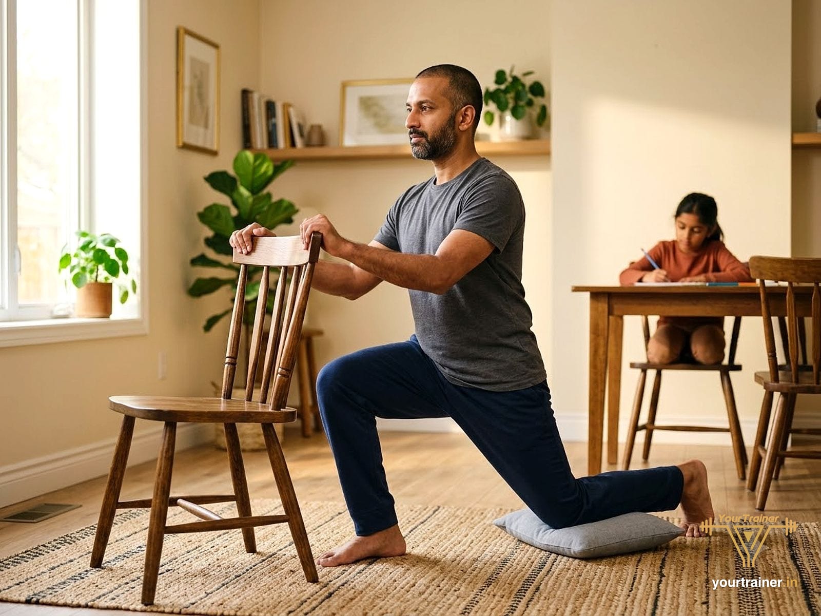 Indian man in his sixties doing a supported split squat holding a chair at home