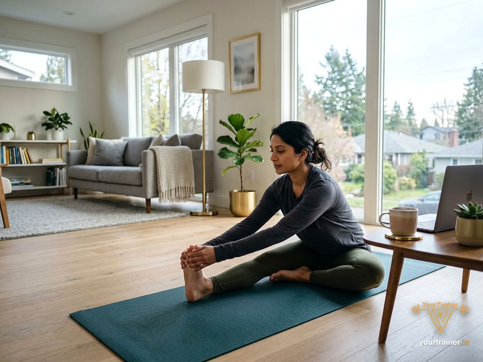 Indian woman stretching on a yoga mat in a North American living room in the early morning