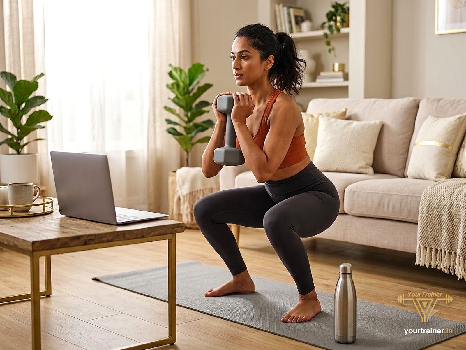 Indian woman doing a goblet squat with a dumbbell in her living room during an online coaching session