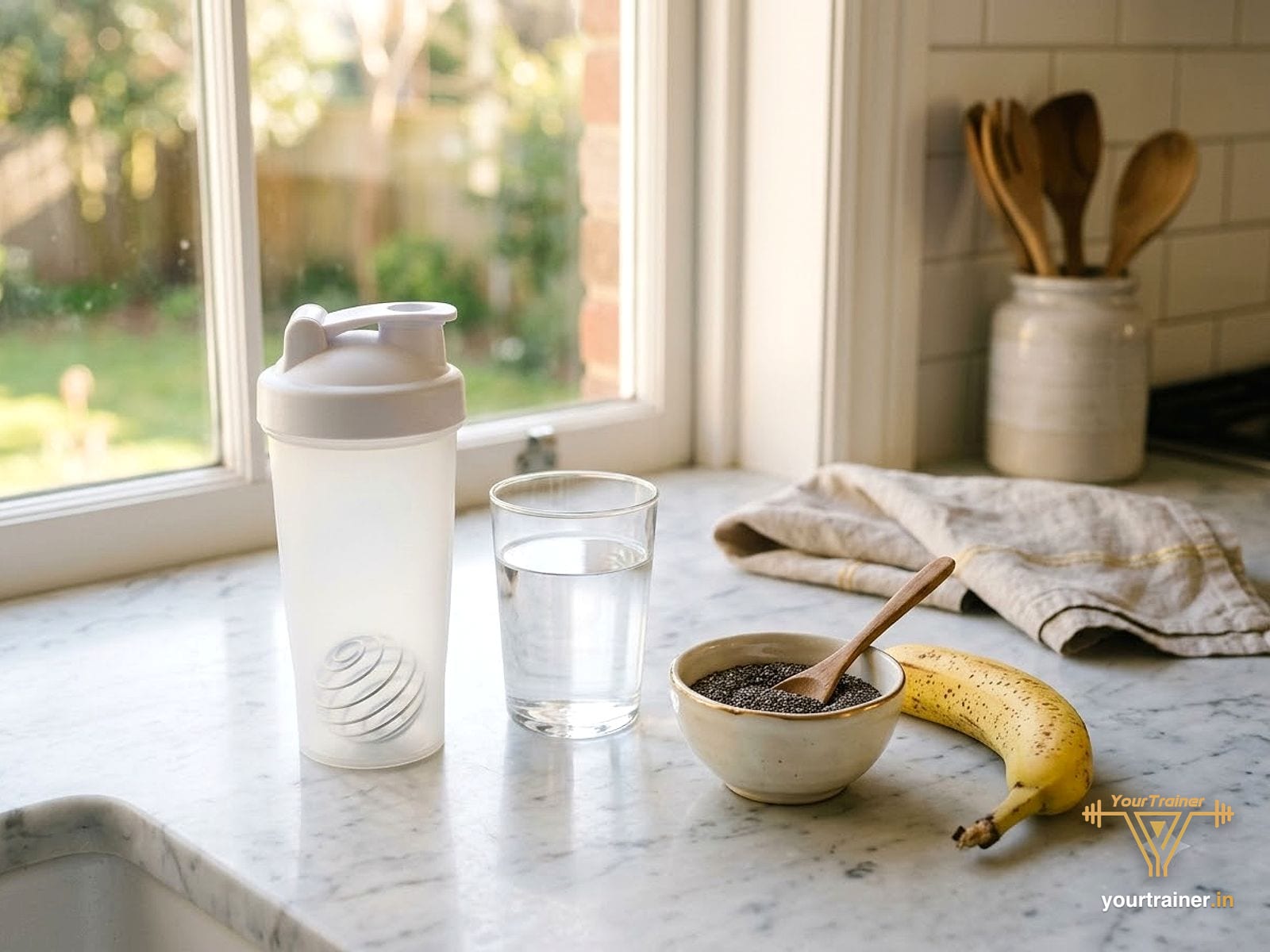 Plain shaker bottle, a glass of water, chia seeds and a banana on a kitchen counter