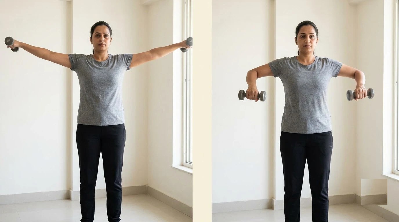 Lateral raise: what the camera shows on the left, the corrected position on the right