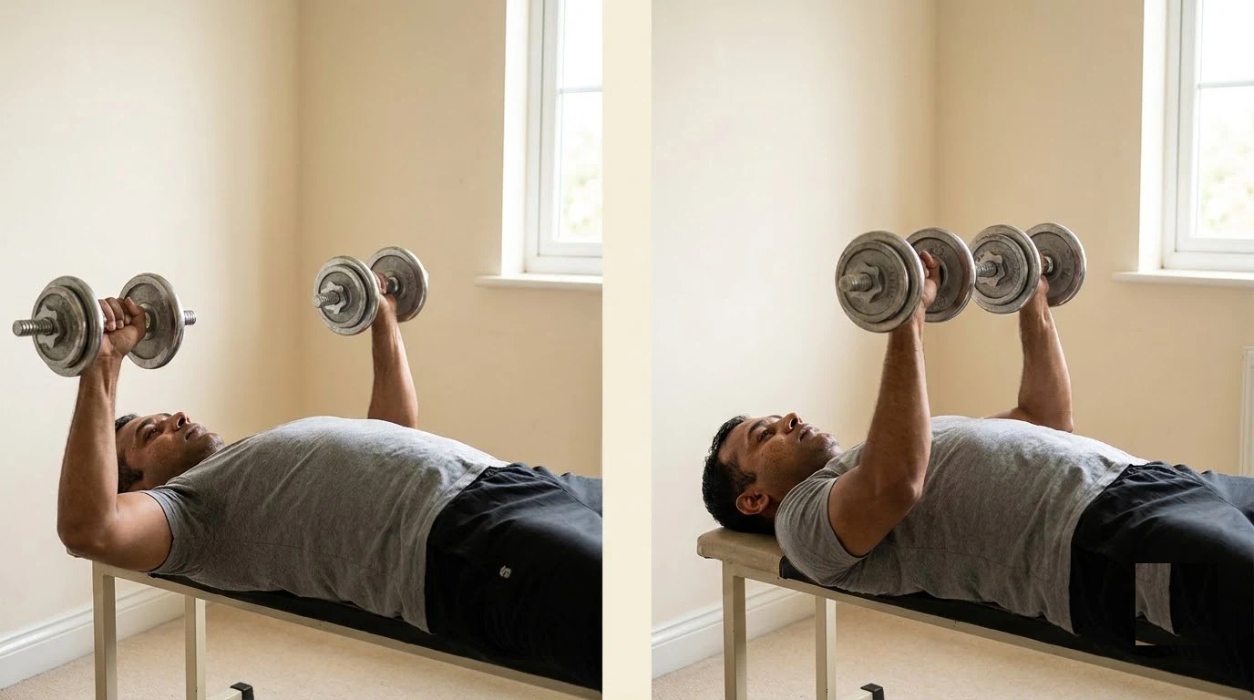 Dumbbell press: what the camera shows on the left, the corrected position on the right