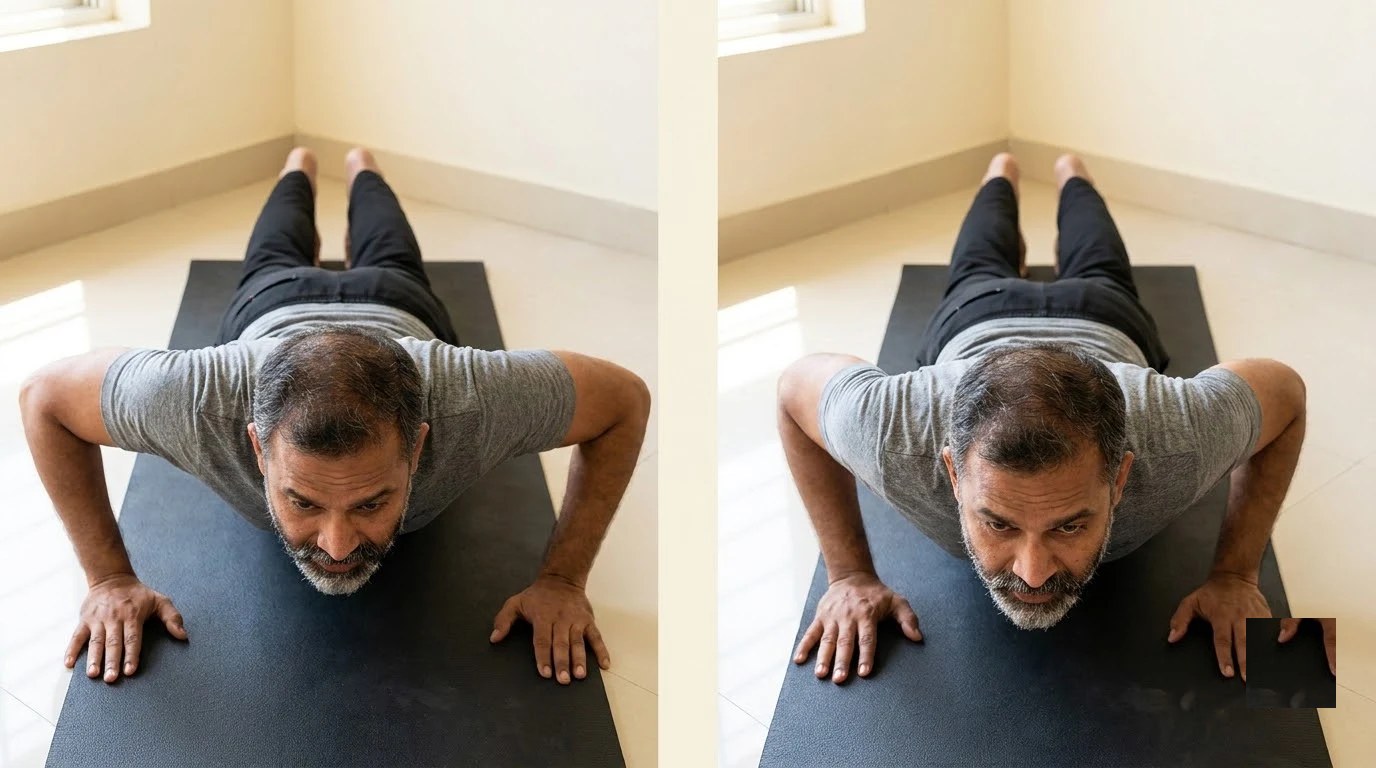 Push-up: what the camera shows on the left, the corrected position on the right