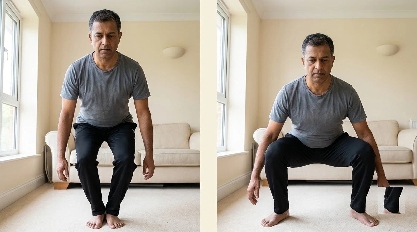 Squat: what the camera shows on the left, the corrected position on the right